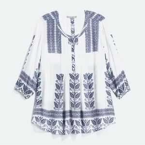 Daniel Rainn White and Blue 3/4 Sleeve Tunic with Mandarin Collar